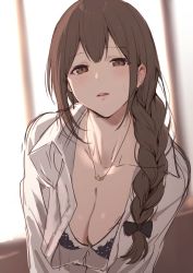 Rule 34 | 1girl, bad id, bad twitter id, black bow, black bra, blouse, blurry, blurry background, blush, bow, bra, braid, breasts, brown eyes, brown hair, cleavage, collarbone, collared shirt, commentary request, dress shirt, earrings, idolmaster, jewelry, kuwayama chiyuki, large breasts, long hair, looking at viewer, low tied hair, necklace, open clothes, open shirt, parted lips, shirt, sidelocks, single braid, sola (solo0730), solo, underwear, upper body, white shirt, window