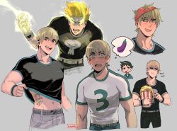 Rule 34 | 1boy, bara, black pants, black shirt, blonde hair, blue pants, blue shirt, blush, brown hair, character tattoo, closed mouth, grey pants, highres, male focus, multiple views, muscular, muscular male, open mouth, pants, scott pilgrim (series), scott pilgrim takes off, shirt, short hair, smile, spiked hair, stomach tattoo, tattoo, tirtyturtle, todd ingram, two-tone shirt, wallace wells, white shirt, wristband