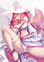 Rule 34 | 1girl, absurdres, alternate costume, artist name, bare shoulders, blush, breasts, cameltoe, cherry blossoms, cleavage, cleft of venus, closed mouth, collarbone, fate/extra, fate/extra ccc, fate/grand order, fate (series), fingernails, flower, fox girl, fox shadow puppet, highres, large breasts, lips, looking at viewer, nail polish, navel, pink flower, pink hair, pink nails, signature, smile, solo, stomach, tamamo (fate), tamamo no mae (fate/extra), tamamo no mae (fox&#039;s night dream) (fate), thighs, twitter username, wisespeak, yellow eyes