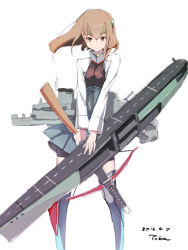 Rule 34 | 10s, 1girl, bike shorts, bow (weapon), brown eyes, brown hair, crossbow, flight deck, headband, headgear, kantai collection, looking at viewer, machinery, pleated skirt, skirt, solo, standing, taihou (kancolle), toka (marchlizard), weapon, white background