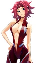 Rule 34 | 1girl, blush, breasts, cleavage, code geass, green eyes, head tilt, headband, highres, k3rd, kouzuki kallen, large breasts, looking at viewer, navel, red hair, revealing clothes, short hair, simple background, solo, standing, white background