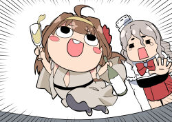 Rule 34 | 2girls, = =, ahoge, blush stickers, bottle, bow, bowtie, buck teeth, chibi, crying, cup, dress, drinking glass, flower, hair flower, hair ornament, hairband, hat, headgear, ishii hisao, kantai collection, kongou (kancolle), long hair, multiple girls, open mouth, pantyhose, pola (kancolle), prostration, red bow, red bowtie, red skirt, skirt, teeth, white background, white footwear, wine bottle, wine glass