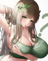 Rule 34 | 1girl, :o, ?, absurdres, berry, black survival, blush, bra, breasts, brown hair, bsmage, cleavage, collarbone, covering breasts, covering privates, eternal return: black survival, green bra, green eyes, green panties, hair ornament, highres, huge breasts, leaf hair ornament, long hair, looking at viewer, open mouth, panties, sidelocks, simple background, solo, sua (black survival), sweat, teeth, underwear, upper body, upper teeth only, white background