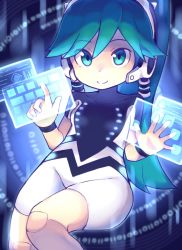 Rule 34 | 1girl, android, blue eyes, bodysuit, charu (saru getchu), closed mouth, green hair, holographic interface, joints, kei 15, long hair, looking at viewer, ponytail, robot ears, robot joints, saru getchu, smile, solo