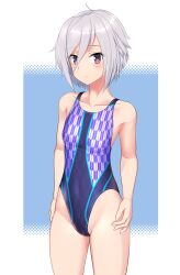 Rule 34 | 1girl, absurdres, ahoge, black one-piece swimsuit, blue background, breasts, commentary request, competition swimsuit, cowboy shot, grey hair, hair between eyes, highres, itomi sayaka, multicolored clothes, multicolored swimsuit, one-piece swimsuit, purple eyes, short hair, small breasts, solo, standing, swimsuit, takafumi, toji no miko, two-tone background, variant set, yagasuri