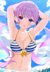 Rule 34 | 1girl, armpits, arms behind head, arms up, bad id, bad pixiv id, bare arms, bare shoulders, bikini, blue hair, blue sky, blurry, blurry background, blush, breasts, cleavage, cloud, collarbone, day, depth of field, front-tie bikini top, front-tie top, highres, hololive, icehotmilktea, long hair, looking at viewer, medium breasts, minato aqua, minato aqua (hololive summer 2019), multicolored hair, navel, outdoors, parted lips, pink hair, purple eyes, sky, solo, striped bikini, striped clothes, swimsuit, twintails, two-tone hair, very long hair, virtual youtuber, water, wet
