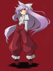 Rule 34 | 1girl, alternate hair color, bad id, bad pixiv id, bow, face, female focus, fujiwara no mokou, hair bow, hands in pockets, long hair, minoa (lastswallow), no nose, purple hair, red eyes, simple background, solo, suspenders, touhou, very long hair