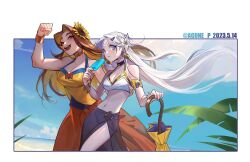 Rule 34 | 2girls, :d, agune p, alternate costume, arm up, bare shoulders, breasts, brown eyes, brown hair, cleavage, clenched hand, collarbone, day, diana (league of legends), earrings, flower, grey flower, hair flower, hair ornament, highres, holding, holding food, holding ice cream, holding umbrella, ice cream, jewelry, large breasts, league of legends, leona (league of legends), long hair, medium breasts, multiple girls, navel, official alternate costume, open mouth, outdoors, pool party (league of legends), pool party leona, smile, sunflower, swimsuit, teeth, umbrella, upper teeth only, white hair