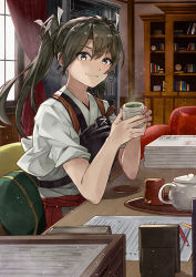Rule 34 | 1girl, absurdres, black eyes, blush, book, book stack, bookshelf, closed mouth, couch, cup, curtains, cushion, drinking glass, green hair, hair ribbon, hakama, hakama skirt, highres, hip vent, holding, holding cup, indoors, japanese clothes, kanmiya shinobu, kantai collection, kimono, light particles, long hair, looking at viewer, muneate, on chair, paper, pencil, red hakama, ribbon, room, saucer, skirt, smile, solo, steam, tea, teapot, tray, twintails, two-handed, white kimono, white ribbon, window, yunomi, zuikaku (kancolle)