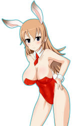 Rule 34 | 00s, 1girl, animal ears, bare legs, breasts, brown hair, charlotte e. yeager, cleavage, detached collar, fake animal ears, hand on own hip, koucha indian, large breasts, leotard, long hair, necktie, playboy bunny, rabbit ears, red necktie, solo, strike witches, world witches series