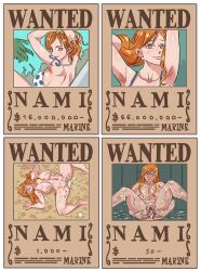 Rule 34 | 1girl, ahegao, breasts, bukkake, censored, cum, female focus, highres, kanden-ki, large breasts, licking, nami (one piece), nipples, one piece, open mouth, orange hair, pussy, swimsuit, text focus