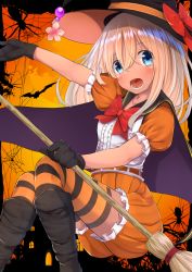Rule 34 | 10s, 1girl, alternate costume, black footwear, black gloves, blonde hair, blue eyes, boots, bow, broom, bug, cape, collarbone, dark-skinned female, dark skin, eyebrows, frilled sleeves, frills, from side, gloves, go-1, halloween, hat, highres, kantai collection, long hair, looking at viewer, open mouth, outstretched arm, puffy short sleeves, puffy sleeves, red bow, ro-500 (kancolle), short sleeves, silhouette, solo, spider, striped clothes, striped thighhighs, thighhighs, thighs, tongue, witch hat