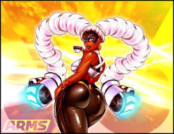 Rule 34 | 1girl, antonio bennett, arms (game), ass, bare shoulders, blue eyes, bracelet, chilla (arms), cup, dark skin, dark-skinned female, drill hair, earrings, female focus, from behind, highres, huge ass, jewelry, lips, long hair, looking back, mask, multicolored hair, pants, pink hair, solo, teacup, twin drills, twintails, twintelle (arms), very long hair