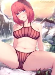 Rule 34 | 1girl, arm support, artist name, bare shoulders, bikini, blue eyes, blunt bangs, breasts, breasts apart, building, collarbone, commentary, day, english commentary, go-toubun no hanayome, hair ornament, head tilt, highres, kimoshi, looking at viewer, medium breasts, nakano nino, navel, onsen, open mouth, outdoors, patreon logo, pink bikini, pink hair, rock, short hair, sitting, sky, solo, spread legs, stomach, striped bikini, striped clothes, swimsuit, thighs, unworn hair ornament, vertical-striped bikini, vertical-striped clothes, water, watermark, web address, yellow sky