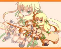 Rule 34 | 1girl, :o, ahoge, black footwear, blonde hair, blush, boots, bow, braid, brown background, brown sleeves, brown socks, chibi, copyright request, detached sleeves, front ponytail, green bow, green eyes, green ribbon, hair between eyes, hair bow, hair ribbon, holding, holding sword, holding weapon, kneehighs, long hair, long sleeves, loose socks, mori no kaeru, parted lips, ribbon, sleeves past wrists, socks, solo, standing, standing on one leg, sword, two-handed, v-shaped eyebrows, very long hair, weapon, zoom layer