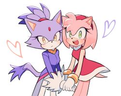 Rule 34 | 2girls, amy rose, animal ears, animal nose, blaze the cat, blush, cat ears, cat girl, cat tail, closed mouth, dress, forehead jewel, fur-trimmed gloves, fur trim, furry, furry female, gloves, green eyes, hairband, heart, holding hands, looking at viewer, mo0n friend, multiple girls, open mouth, pants, ponytail, purple fur, red dress, red hairband, simple background, smile, sonic (series), standing, tail, white background, white gloves, white pants, yellow eyes