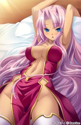 Rule 34 | 1girl, armpits, arms up, bed, blue eyes, blush, breasts, censored, center opening, cleavage, dark skin, dark-skinned female, dress, highres, hikage eiji, koihime musou, large breasts, long hair, lying, navel, no panties, official art, on back, pillow, pink hair, revealing clothes, solo, sonken, thighhighs, very long hair