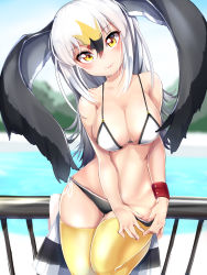Rule 34 | 10s, 1girl, bare arms, bare shoulders, beach, bikini, bikini pull, bird tail, bird wings, black-tailed gull (kemono friends), black hair, blonde hair, blurry, blurry background, breasts, cleavage, closed mouth, clothes pull, collarbone, commentary request, cowboy shot, day, groin, hair between eyes, head tilt, head wings, highres, hip focus, kemono friends, kinou no shika, leg up, lips, long hair, looking at viewer, medium breasts, multicolored hair, on railing, outdoors, pulled by self, railing, red hair, side-tie bikini bottom, side-tie bottom, smile, solo, standing, standing on one leg, stomach, swimsuit, tail, thighhighs, water, white hair, wings, yellow eyes, yellow thighhighs