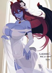 Rule 34 | 1girl, :d, arm tattoo, ass, bare shoulders, bell orgel, black sclera, blue skin, breasts, bridal veil, bride, cleavage, cleavage cutout, clothing cutout, colored sclera, colored skin, commentary request, demon (monster girl encyclopedia), demon girl, demon horns, demon tail, demon wings, dress, elbow gloves, english text, fang, flower, garter straps, gloves, hair between eyes, hair flower, hair ornament, hairclip, highres, horns, huge breasts, long hair, looking at viewer, monster girl, monster girl encyclopedia, monster girl encyclopedia ii, open mouth, pointy ears, purple hair, red eyes, revealing clothes, see-through, shoulder tattoo, sideboob cutout, skin fang, skirt hold, smile, solo, tail, tattoo, thank you, thighhighs, twisted torso, underboob, underboob cutout, veil, wedding dress, white dress, white garter straps, white gloves, white thighhighs, wings