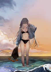 Rule 34 | 1girl, bare legs, bikini, black bikini, bouquet, breasts, cleavage, cloud, collarbone, commentary request, dusk, flower, full body, grey hair, grey jacket, holding, holding bouquet, jacket, long hair, navel, ocean, open clothes, open jacket, orange flower, original, outdoors, shinonome nemu (nemulog sn), small breasts, solo, sunset, swimsuit, wading, waves