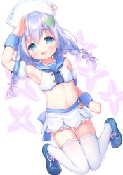 Rule 34 | 1girl, :d, anchor, arm up, armpits, bare shoulders, blue bow, blue eyes, blue footwear, blue neckwear, blue sailor collar, blush, bow, braid, commentary request, crop top, detached sleeves, dutch angle, flower, flower knight girl, full body, hair between eyes, hair flower, hair ornament, hat, highres, ikarisou (flower knight girl), leaf hair ornament, lifebuoy, long hair, low twintails, midriff, navel, open mouth, pleated skirt, puffy short sleeves, puffy sleeves, purple flower, purple hair, sailor collar, salute, school uniform, serafuku, shirt, shoes, short sleeves, skirt, sleeveless, sleeveless shirt, smile, solo, swim ring, thighhighs, twin braids, twintails, usashiro mani, white background, white hat, white shirt, white skirt, white thighhighs, wrist cuffs