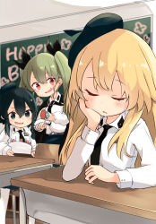 Rule 34 | 3girls, anchovy (girls und panzer), anzio school uniform, barashiya, beret, birthday, birthday cake, black cape, black eyes, black hair, black headwear, black neckwear, black skirt, blonde hair, blurry, blurry background, braid, cake, cape, carpaccio (girls und panzer), chair, chalkboard, classroom, closed eyes, closed mouth, commentary, depth of field, desk, dress shirt, drill hair, emblem, english text, food, girls und panzer, green hair, happy birthday, hat, head rest, highres, holding, holding food, indoors, long hair, long sleeves, looking at another, miniskirt, multiple girls, necktie, open mouth, pantyhose, party popper, pepperoni (girls und panzer), red eyes, school chair, school desk, school uniform, shirt, short hair, side braid, sitting, skirt, smile, standing, twin drills, twintails, white legwear, white shirt, wing collar