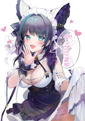 Rule 34 | 1girl, :d, animal ears, aqua eyes, asagi yuna, azur lane, bare shoulders, black dress, black hair, blush, breasts, cat ears, cheshire (azur lane), cleavage, clothes lift, detached sleeves, dress, dress lift, earrings, fake animal ears, fang, garter belt, groin, headdress, heart, highres, jewelry, large breasts, looking at viewer, open mouth, short hair, sidelocks, simple background, skin fang, smile, solo, speech bubble, translation request, upper body, white background, wing collar, wrist cuffs