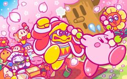 Rule 34 | 2boys, backwards hat, baseball cap, beanie, bird, blanket, blush stickers, bow, bowtie, bulby (kirby), cherry blossoms, cup, dango, closed eyes, fleeing, flower, food, hanami, hat, headphones, king dedede, kirby, kirby (series), looking at another, lovely (kirby), mask, meta knight, microphone, multiple boys, nintendo, no humans, noddy (kirby), bento, official art, penguin, petals, picnic, plate, robe, sanshoku dango, sleeping, smile, tree, waddle dee, wagashi, whispy woods, yunomi