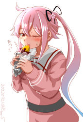 Rule 34 | 1girl, black ribbon, blush, dated, dress, flower, food, hair between eyes, hair flower, hair ornament, hair ribbon, harusame (kancolle), holding, holding food, kantai collection, long hair, long sleeves, one-hour drawing challenge, one eye closed, pink dress, pink flower, pink hair, ray.s, red eyes, ribbon, side ponytail, simple background, solo, sweet potato, twitter username, white background