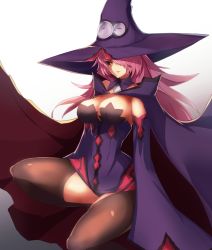 Rule 34 | 1girl, bare shoulders, black sclera, black thighhighs, blazblue, blazblue: central fiction, breasts, cape, cleavage, colored sclera, detached sleeves, dress, floating hair, hair over one eye, hat, highres, konoe a. mercury, large breasts, long hair, long sleeves, looking at viewer, parted lips, pink hair, short dress, simple background, smile, solo, squatting, thighhighs, wide sleeves, witch hat, yellow eyes, yonaga san