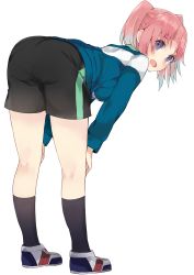 Rule 34 | 1girl, absurdres, ass, bent over, black socks, blush, breasts, from behind, from side, full body, gym shorts, hands on own knees, highres, jacket, kneehighs, kneepits, kou mashiro, long sleeves, looking at viewer, looking back, mikakunin de shinkoukei, open mouth, pink hair, purple eyes, shoes, short hair, short twintails, shorts, simple background, single vertical stripe, sneakers, socks, solo, standing, track jacket, twintails, two side up, white background, yonomori kobeni