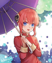 Rule 34 | 1girl, :d, artist name, blue background, blue eyes, blush, breasts, bun cover, chinese clothes, circle, commentary, dated, double bun, drawing (23518), gintama, green background, hair between eyes, hair bun, hair up, highres, holding, holding umbrella, kagura (gintama), long sleeves, looking at viewer, mandarin collar, open mouth, own hands together, parasol, red hair, red shirt, screentones, shirt, sidelocks, signature, sleeve cuffs, small breasts, smile, solo, striped, tangzhuang, tassel, umbrella, upper body, vertical stripes, w arms, white background