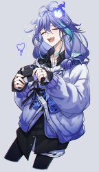 Rule 34 | 1boy, aqua hair, blue hair, closed eyes, commentary request, controller, cropped legs, ear piercing, game controller, grey background, hair between eyes, heart, highres, hitodama, holding, holostars, jacket, jewelry, long hair, long sleeves, male focus, minase rio, multicolored hair, necklace, open mouth, piercing, ria (lya s2), simple background, solo, uproar (holostars), virtual youtuber