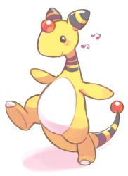 Rule 34 | ampharos, black eyes, blush, closed mouth, commentary request, creatures (company), full body, game freak, gen 2 pokemon, happy, leg up, musical note, nintendo, no humans, pokemon, pokemon (creature), smile, solo, standing, standing on one leg, tansho