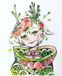 Rule 34 | 1girl, flower, green eyes, highres, leaf, looking at viewer, maruti bitamin, original, parted lips, photo (medium), portrait, short hair, simple background, solo, white background, white hair