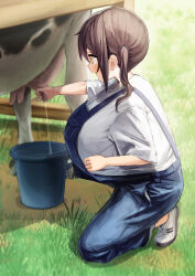 Rule 34 | 1girl, :d, animal, blush, breasts, brown hair, bucket, cow, from side, full body, gigantic breasts, grass, hand milking, highres, huge breasts, kneeling, loose clothes, medium hair, milking, oggu (neoguloliko), open mouth, oppai loli, original, outdoors, overalls, pants, shirt, shoes, short sleeves, smile, solo, t-shirt, twintails, udder, white shirt, yellow eyes