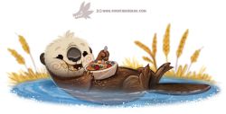 Rule 34 | :d, afloat, animal, black eyes, blurry, blush, bowl, corn, cryptid creations, depth of field, eating, fangs, food, food on face, full body, full mouth, holding, holding bowl, looking at viewer, lying, no humans, oatmeal, on back, open mouth, original, otter, partially submerged, smile, teeth, water, watermark, web address