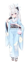 Rule 34 | 1girl, absurdres, alternate costume, animal ears, blue archive, blue kimono, closed mouth, expressionless, fake animal ears, full body, geta, hairband, halo, high ponytail, highres, hiyayo25, holding, japanese clothes, kimono, long hair, long sleeves, looking at viewer, miyako (blue archive), ponytail, purple eyes, rabbit ears, revision, sandals, sidelocks, simple background, socks, tabi, white background, white hair, white hairband, white socks, wide sleeves, zouri