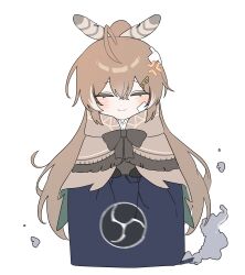 Rule 34 | 1girl, absurdres, ahoge, anger vein, bandage on face, bandage on hair, bandages, blush, box, brown capelet, brown cloak, brown hair, cape, capelet, chibi, cloak, closed eyes, crossed bangs, double-parted bangs, feather hair ornament, feathers, gloves, hair ornament, hairclip, highres, hololive, hololive english, long hair, multicolored hair, nanashi mumei, nanashi mumei (1st costume), obs studio, on box, ponytail, ribbon, smile, streaked hair, very long hair, virtual youtuber, xx tk9