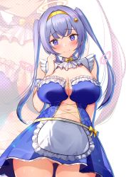 Rule 34 | 1girl, absurdres, amatsuka bell, apron, arm garter, bell, blue dress, blush, breasts, cleavage, clenched hand, detached collar, dress, equal (heartstrings), frilled dress, frills, hair ornament, hairband, hand up, highres, indie virtual youtuber, large breasts, long hair, looking at viewer, navel, purple eyes, purple hair, smile, solo, standing, twintails, virtual youtuber, waist apron, yellow hairband, zoom layer