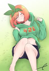 Rule 34 | 1girl, black shorts, blush, breasts, closed eyes, closed mouth, collarbone, commentary request, drawstring, eyebrows hidden by hair, facing viewer, feet out of frame, go-toubun no hanayome, green hoodie, green ribbon, hair ribbon, hands up, highres, hood, hood up, hoodie, knees together feet apart, knees up, kujou karasuma, long sleeves, lying, medium breasts, nakano yotsuba, navel, on back, on grass, panties, ribbon, short shorts, shorts, signature, sleeves past wrists, solo, underwear, white panties