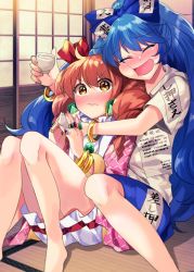 Rule 34 | 2girls, alcohol, bangle, blue bow, blue hair, blush, bow, bracelet, cheek press, choko (cup), commentary request, cup, debt, drill hair, drunk, closed eyes, gem, hair bow, highres, indoors, jewelry, katayama kei, long hair, multiple girls, multiple rings, necklace, no headwear, no headwear, open mouth, orange hair, pendant, ring, sake, shouji, siblings, sisters, sliding doors, tatami, touhou, twin drills, wavy mouth, yellow eyes, yorigami jo&#039;on, yorigami shion