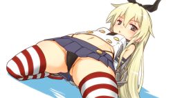 Rule 34 | 10s, 1girl, anchor, black panties, blonde hair, blush, elbow gloves, gloves, hair ornament, hairband, kantai collection, long hair, looking at viewer, navel, panties, pantyshot, personification, shimakaze (kancolle), skirt, solo, striped clothes, striped thighhighs, thighhighs, thong, underwear, upskirt, white gloves, yuto (dialique)