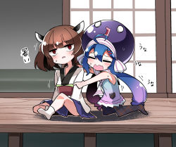 Rule 34 | 2girls, architecture, bad id, bad pixiv id, bare shoulders, blue dress, blue hair, blue skirt, brown eyes, brown hair, chibi, closed eyes, collar, dress, east asian architecture, eel hat, furrowed brow, gradient hair, hair ornament, holding another&#039;s arm, japanese clothes, kimono, multicolored hair, multiple girls, open mouth, otomachi una, otomachi una (talkex), pantyhose, plaid, plaid legwear, porch, purple headwear, sailor collar, shidoh279, short hair, sitting, skirt, sliding doors, sweat, talkex, touhoku kiritan, translated, twintails, vocaloid, voiceroid, white collar, white kimono