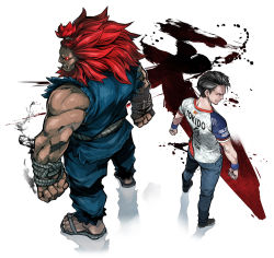 Rule 34 | 2boys, akuma (street fighter), back-to-back, black hair, clenched hands, commentary request, dark skin, denim, dougi, esports, fuse ryuuta, glowing, glowing eyes, heaven (kanji), height difference, jeans, jersey, long hair, male focus, manly, multiple boys, muscular, pants, real life, red eyes, red hair, rope, sandals, shun goku satsu, sleeveless, sportswear, street fighter, street fighter v, tokido (gamer), topknot, wristband