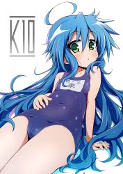 Rule 34 | 1girl, ahoge, blue hair, blush, breasts, cameltoe, collarbone, commentary request, covered navel, cowboy shot, green eyes, hair between eyes, hand on own stomach, highres, izumi konata, long hair, looking at viewer, lucky star, mole, mole under eye, name tag, old school swimsuit, one-piece swimsuit, parted lips, school swimsuit, shadow, sidelocks, sitting, small breasts, solo, swimsuit, thighs, triangle mouth, tyke, very long hair, white background