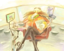 Rule 34 | 1boy, bald, bone (stare), coffee, dr. eggman, facial hair, goggles, goggles on head, crossed legs, male focus, mustache, newspaper, no eyewear, robot, sandwich, sitting, solo, sonic (series), television, tray