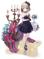 Rule 34 | 1girl, :d, arm garter, azur lane, bare shoulders, black bow, black dress, black footwear, black gloves, black ribbon, blue eyes, blush, bow, breasts, brown hair, burning, candelabra, candle, candlestand, champagne flute, closed mouth, cross, cup, dress, drink, drinking glass, fire, flower, full body, garter straps, gloves, hair bow, hair flower, hair ornament, hair ribbon, half gloves, holding, holding cup, hurricane glass, iron cross, kaede (yumesaki kaede), medium breasts, nose blush, official alternate costume, official art, open mouth, pleated dress, red flower, red rose, ribbon, rose, see-through, shoes, short hair, sleeveless, sleeveless dress, smile, solo, sparkle, standing, sweat, thighhighs, transparent background, vase, white flower, white rose, white thighhighs, z23 (azur lane), z23 (the banquet&#039;s honor student) (azur lane)