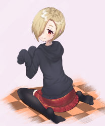 Rule 34 | 1girl, absurdres, bad leg, black hoodie, black thighhighs, blonde hair, blush, hair over one eye, hands up, highres, hood, hood down, hoodie, idolmaster, idolmaster cinderella girls, idolmaster cinderella girls starlight stage, kanzakimitoto, looking at viewer, plaid, plaid skirt, red eyes, red skirt, shirasaka koume, short hair, simple background, sitting, skirt, sleeves past fingers, sleeves past wrists, smile, solo, thighhighs, tile floor, tiles, wariza, white background