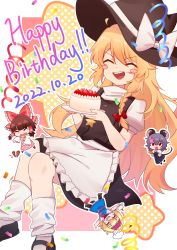 Rule 34 | 4girls, absurdres, alice margatroid, animal ears, apron, black footwear, black headwear, black skirt, black vest, blonde hair, blue dress, blush stickers, boots, bow, braid, brown footwear, brown hair, cake, chef hat, chibi, closed eyes, commentary request, confetti, cookie (touhou), cross-laced footwear, dated, detached sleeves, dress, flat chest, food, frilled hairband, frills, fruit, full body, grey dress, grey hair, hair bow, hairband, hakurei reimu, happy birthday, hat, hat bow, highres, holding, holding party popper, ichigo (cookie), inabahitomi, kirisame marisa, long hair, mary janes, mouse ears, mouse girl, mouse tail, multiple girls, nazrin, nyon (cookie), open mouth, party popper, pink apron, puffy short sleeves, puffy sleeves, red eyes, red hairband, red sash, rurima (cookie), sash, shirt, shoes, short hair, short sleeves, single braid, skirt, skirt set, smile, socks, strawberry, suzu (cookie), tail, touhou, turtleneck, vest, waist apron, white apron, white bow, white shirt, white sleeves, white socks, witch hat